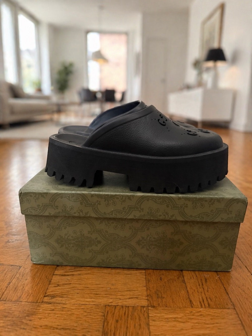 Black Platform Lug Slide Sandals - Logo Cut Out | Size 8